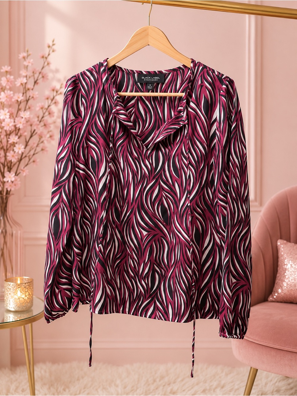 Black Label Maroon Pink Wave-Print V-Neck Blouse